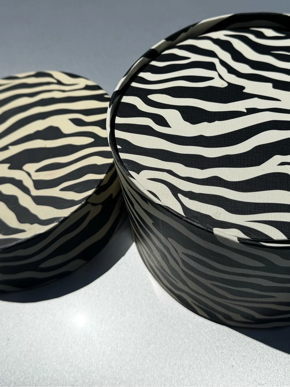 Zebra Print Round Storage Mini Hat Boxes - Black & Cream Set